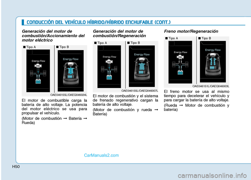 Hyundai Ioniq Hybrid 2017 Manual del propietario (in Spanish) H50
Generación del motor decombustión/Accionamiento del
motor eléctrico
El motor de combustible carga la
batería de alto voltaje. La potencia
del motor eléctrico se usa para
propulsar el vehícu Hyundai Ioniq Hybrid 2017 Manual del propietario (in Spanish) H50
Generación del motor decombustión/Accionamiento del
motor eléctrico
El motor de combustible carga la
batería de alto voltaje. La potencia
del motor eléctrico se usa para
propulsar el vehícu