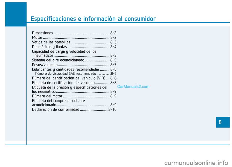 Hyundai Ioniq Hybrid 2017 Manual del propietario (in Spanish) 8
Especificaciones e información al consumidor
8
Especificaciones e información al consumidor
8
Dimensiones ............................................................8-2
Motor ................... Hyundai Ioniq Hybrid 2017 Manual del propietario (in Spanish) 8
Especificaciones e información al consumidor
8
Especificaciones e información al consumidor
8
Dimensiones ............................................................8-2
Motor ...................