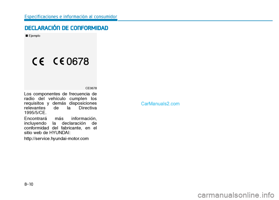 Hyundai Ioniq Hybrid 2017 Manual del propietario (in Spanish) 8-10
Especificaciones e información al consumidor
Los componentes de frecuencia de
radio del vehículo cumplen losrequisitos y demás disposiciones
relevantes de la Directiva1995/5/CE.
Encontrará Hyundai Ioniq Hybrid 2017 Manual del propietario (in Spanish) 8-10
Especificaciones e información al consumidor
Los componentes de frecuencia de
radio del vehículo cumplen losrequisitos y demás disposiciones
relevantes de la Directiva1995/5/CE.
Encontrará