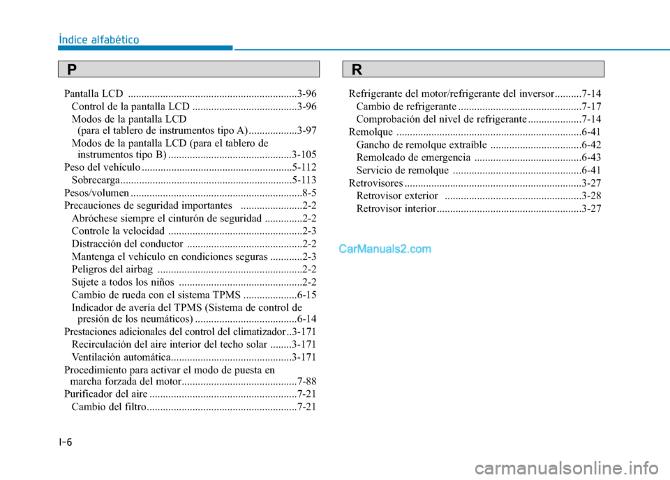 Hyundai Ioniq Hybrid 2017 Manual del propietario (in Spanish) I-6Pantalla LCD ...............................................................3-96
Control de la pantalla LCD .......................................3-96
Modos de la pantalla LCD (para el tablero d Hyundai Ioniq Hybrid 2017 Manual del propietario (in Spanish) I-6Pantalla LCD ...............................................................3-96
Control de la pantalla LCD .......................................3-96
Modos de la pantalla LCD (para el tablero d