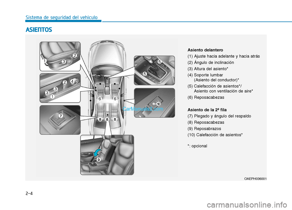 Hyundai Ioniq Hybrid 2017 Manual del propietario (in Spanish) 2-4
AASSIIEE NN TTOO SS
Sistema de seguridad del vehículo
OAEPH036001
Asiento delantero (1) Ajuste hacia adelante y hacia atrás (2) Ángulo de inclinación
(3) Altura del asiento*
(4) Soporte lumba Hyundai Ioniq Hybrid 2017 Manual del propietario (in Spanish) 2-4
AASSIIEE NN TTOO SS
Sistema de seguridad del vehículo
OAEPH036001
Asiento delantero (1) Ajuste hacia adelante y hacia atrás (2) Ángulo de inclinación
(3) Altura del asiento*
(4) Soporte lumba