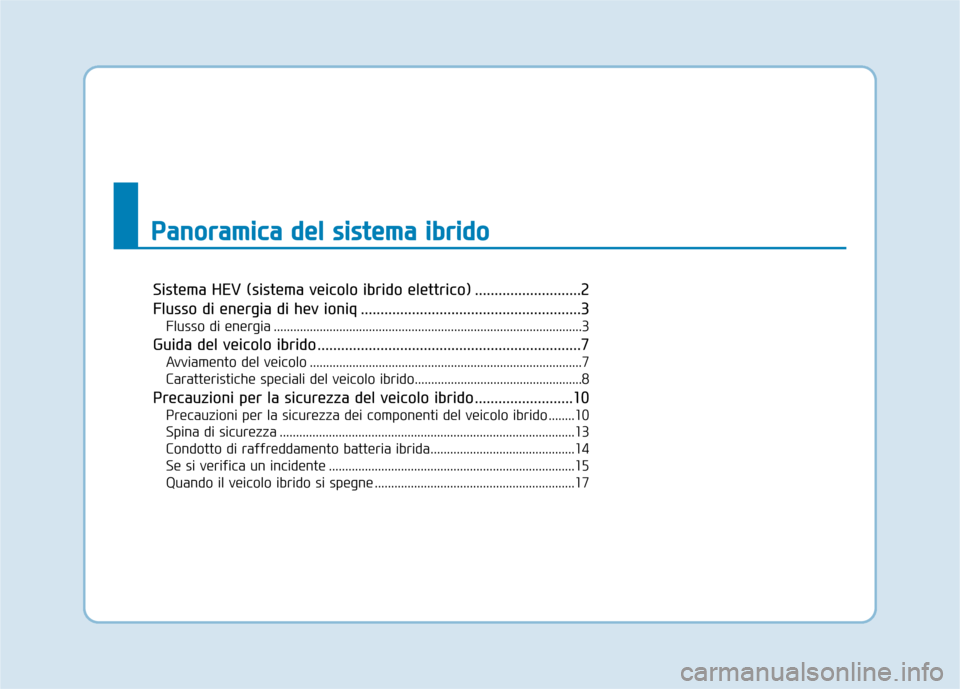 Hyundai Ioniq Hybrid 2017  Manuale del proprietario (in Italian) Sistema HEV (sistema veicolo ibrido elettrico) ...........................2 
Flusso di energia di hev ioniq ........................................................3Flusso di energia .................