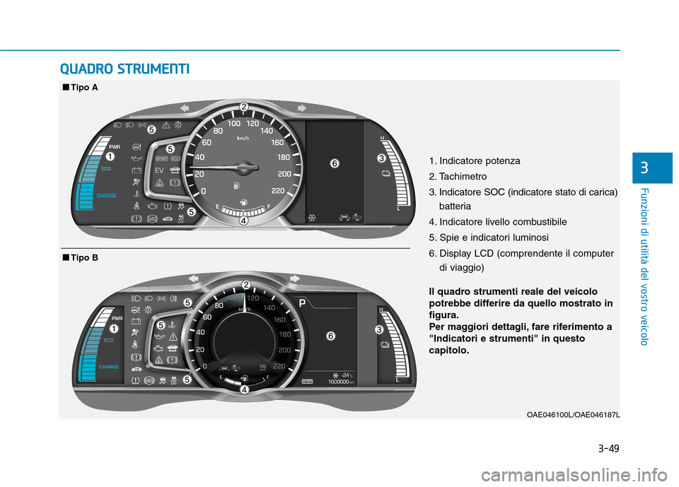 Hyundai Ioniq Hybrid 2017  Manuale del proprietario (in Italian) 3-49
Funzioni di utilità del vostro veicolo
3
QQUUAADDRROO   SS TT RR UU MM EENN TTII
1. Indicatore potenza 
2. Tachimetro
3. Indicatore SOC (indicatore stato di carica)
batteria
4. Indicatore livell