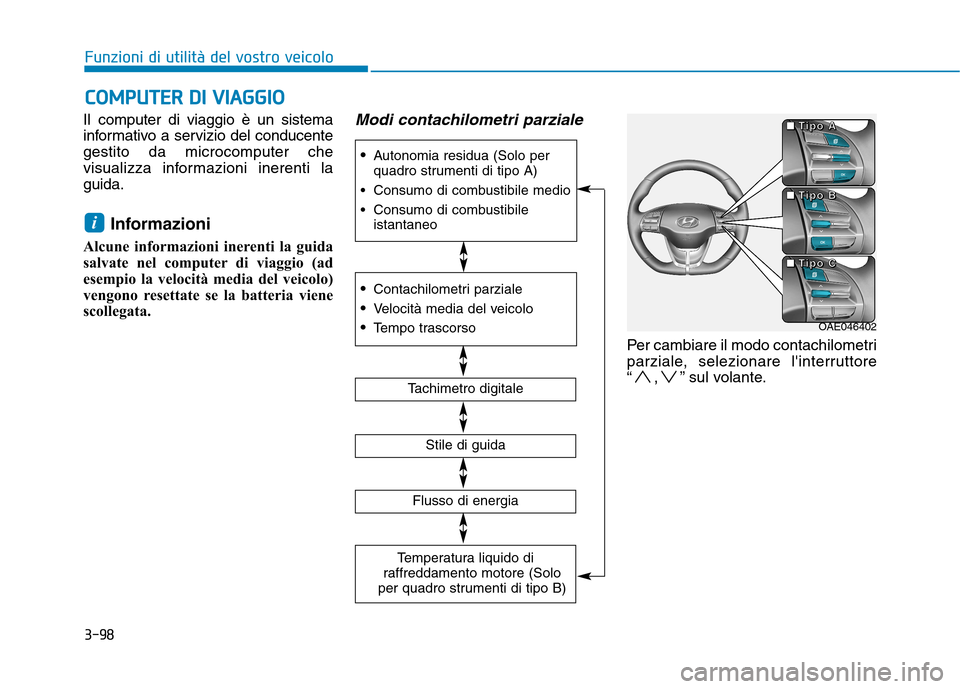 Hyundai Ioniq Hybrid 2017 Manuale del proprietario (in Italian) 3-98
Funzioni di utilità del vostro veicoloC
C OO MM PPUU TTEERR DD II VV IIAA GG GG IIOO
Il computer di viaggio è un sistema
informativo a servizio del conducentegestito da microcomputer che
v Hyundai Ioniq Hybrid 2017 Manuale del proprietario (in Italian) 3-98
Funzioni di utilità del vostro veicoloC
C OO MM PPUU TTEERR DD II VV IIAA GG GG IIOO
Il computer di viaggio è un sistema
informativo a servizio del conducentegestito da microcomputer che
v