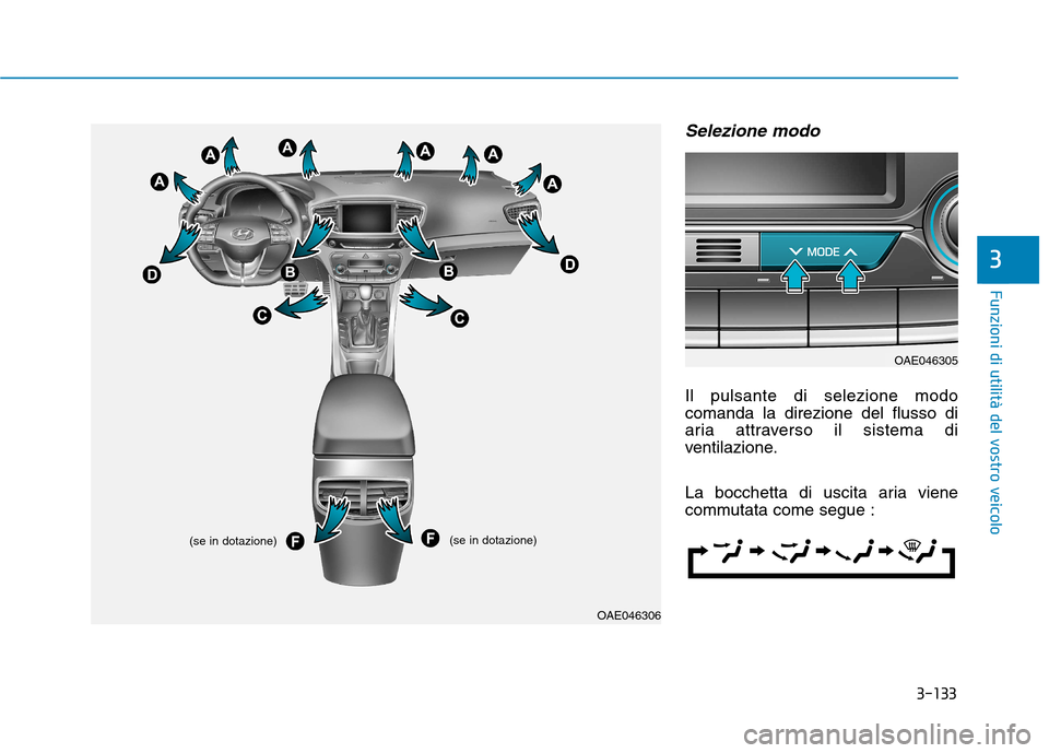 Hyundai Ioniq Hybrid 2017 Manuale del proprietario (in Italian) 3-133
Funzioni di utilità del vostro veicolo
3
Selezione modo
Il pulsante di selezione modo comanda la direzione del flusso di
aria attraverso il sistema di
ventilazione.
La bocchetta di uscita aria Hyundai Ioniq Hybrid 2017 Manuale del proprietario (in Italian) 3-133
Funzioni di utilità del vostro veicolo
3
Selezione modo
Il pulsante di selezione modo comanda la direzione del flusso di
aria attraverso il sistema di
ventilazione.
La bocchetta di uscita aria