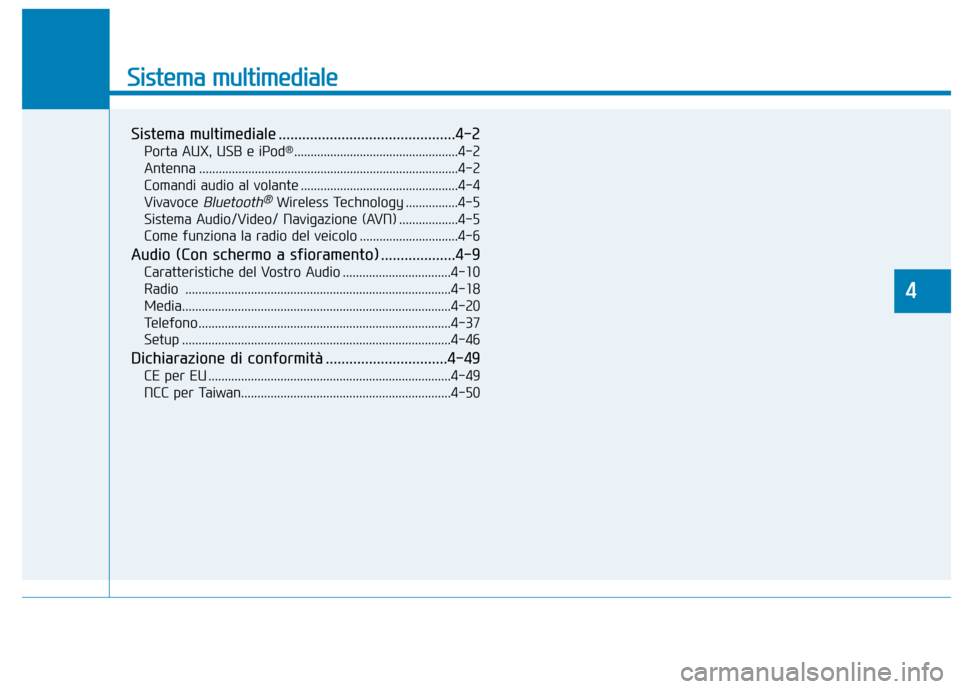 Hyundai Ioniq Hybrid 2017 Manuale del proprietario (in Italian) Sistema multimediale
Sistema multimediale .............................................4-2Porta AUX, USB e iPod ®
..................................................4-2
Antenna ....................... Hyundai Ioniq Hybrid 2017 Manuale del proprietario (in Italian) Sistema multimediale
Sistema multimediale .............................................4-2Porta AUX, USB e iPod ®
..................................................4-2
Antenna .......................