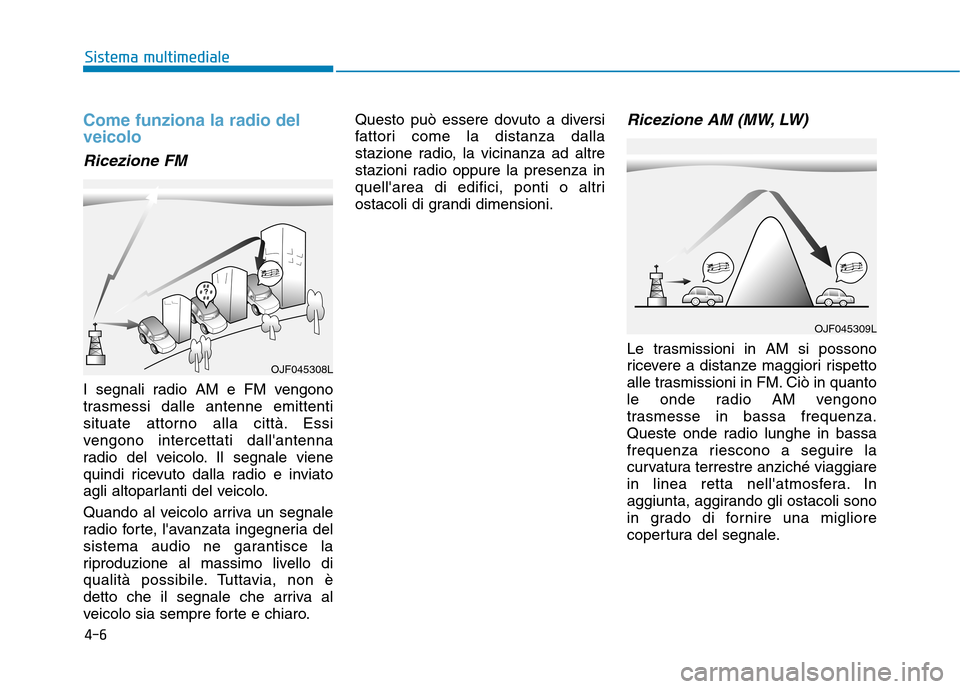 Hyundai Ioniq Hybrid 2017 Manuale del proprietario (in Italian) 4-6
Sistema multimediale
Come funziona la radio del veicolo
Ricezione FM
I segnali radio AM e FM vengono
trasmessi dalle antenne emittenti
situate attorno alla città. Essi
vengono intercettati dall Hyundai Ioniq Hybrid 2017 Manuale del proprietario (in Italian) 4-6
Sistema multimediale
Come funziona la radio del veicolo
Ricezione FM
I segnali radio AM e FM vengono
trasmessi dalle antenne emittenti
situate attorno alla città. Essi
vengono intercettati dall