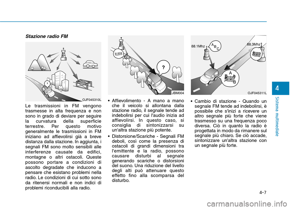 Hyundai Ioniq Hybrid 2017 Manuale del proprietario (in Italian) 4-7
Sistema multimediale
4
Stazione radio FM
Le trasmissioni in FM vengono
trasmesse in alta frequenza e non
sono in grado di deviare per seguire
la curvatura della superficie
terrestre. Per questo m Hyundai Ioniq Hybrid 2017 Manuale del proprietario (in Italian) 4-7
Sistema multimediale
4
Stazione radio FM
Le trasmissioni in FM vengono
trasmesse in alta frequenza e non
sono in grado di deviare per seguire
la curvatura della superficie
terrestre. Per questo m