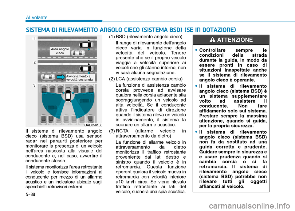 Hyundai Ioniq Hybrid 2017 Manuale del proprietario (in Italian) 5-38
Al volante
Il sistema di rilevamento angolo
cieco (sistema BSD) usa sensori
radar nel paraurti posteriore per
monitorare la presenza di un veicolonellarea nascosta alla visuale del
conducente e Hyundai Ioniq Hybrid 2017 Manuale del proprietario (in Italian) 5-38
Al volante
Il sistema di rilevamento angolo
cieco (sistema BSD) usa sensori
radar nel paraurti posteriore per
monitorare la presenza di un veicolonellarea nascosta alla visuale del
conducente e