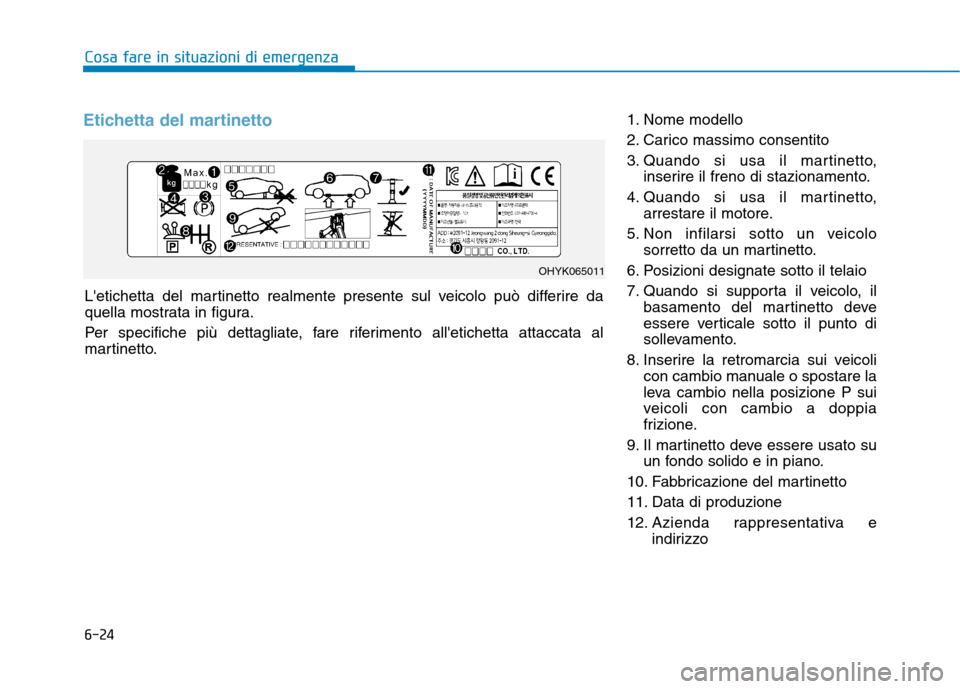 Hyundai Ioniq Hybrid 2017  Manuale del proprietario (in Italian) 6-24
Cosa fare in situazioni di emergenza
Letichetta del martinetto realmente presente sul veicolo può differire da 
quella mostrata in figura. 
Per specifiche più dettagliate, fare riferimento all