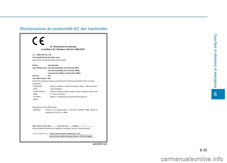 Hyundai Ioniq Hybrid 2017  Manuale del proprietario (in Italian) 6-25
Cosa fare in situazioni di emergenza
6
JACKDOC14S
Dichiarazione di conformità EC del martinetto  