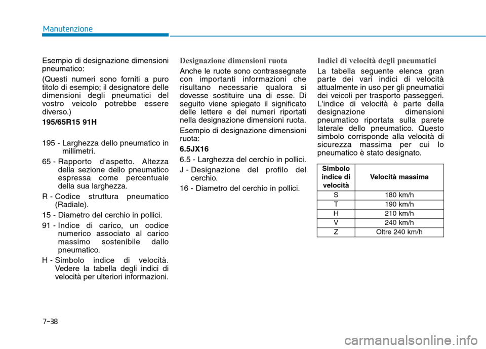 Hyundai Ioniq Hybrid 2017 Manuale del proprietario (in Italian) 7-38
Manutenzione
Esempio di designazione dimensioni pneumatico:
(Questi numeri sono forniti a puro
titolo di esempio; il designatore delledimensioni degli pneumatici del
vostro veicolo potrebbe ess Hyundai Ioniq Hybrid 2017 Manuale del proprietario (in Italian) 7-38
Manutenzione
Esempio di designazione dimensioni pneumatico:
(Questi numeri sono forniti a puro
titolo di esempio; il designatore delledimensioni degli pneumatici del
vostro veicolo potrebbe ess