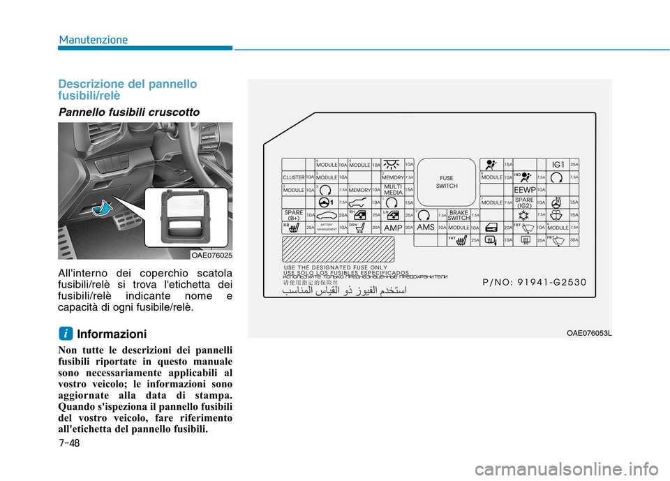 Hyundai Ioniq Hybrid 2017 Manuale del proprietario (in Italian) 7-48
Manutenzione
Descrizione del pannello fusibili/relè
Pannello fusibili cruscotto
Allinterno dei coperchio scatola
fusibili/relè si trova letichetta deifusibili/relè indicante nome ecapacità Hyundai Ioniq Hybrid 2017 Manuale del proprietario (in Italian) 7-48
Manutenzione
Descrizione del pannello fusibili/relè
Pannello fusibili cruscotto
Allinterno dei coperchio scatola
fusibili/relè si trova letichetta deifusibili/relè indicante nome ecapacità
