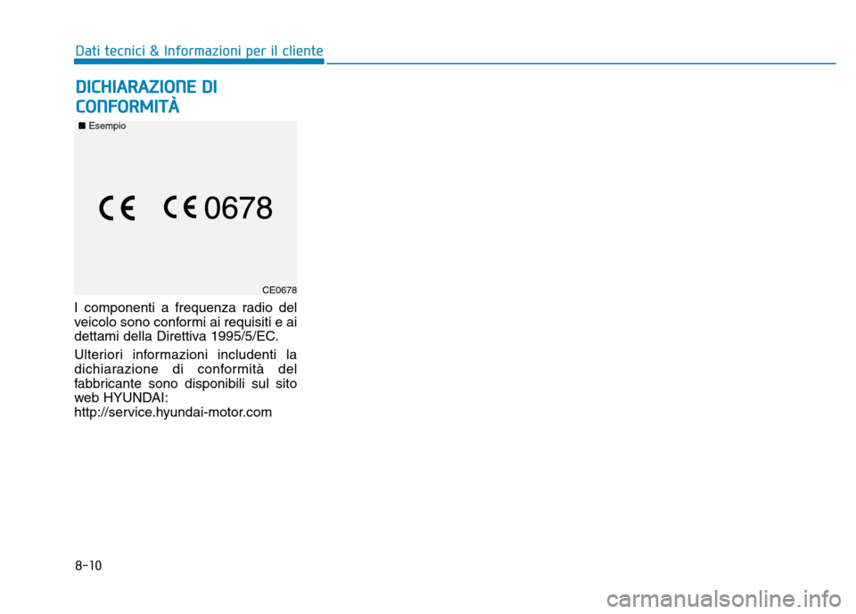 Hyundai Ioniq Hybrid 2017 Manuale del proprietario (in Italian) 8-10
Dati tecnici & Informazioni per il cliente
I componenti a frequenza radio del
veicolo sono conformi ai requisiti e ai
dettami della Direttiva 1995/5/EC.
Ulteriori informazioni includenti la
di Hyundai Ioniq Hybrid 2017 Manuale del proprietario (in Italian) 8-10
Dati tecnici & Informazioni per il cliente
I componenti a frequenza radio del
veicolo sono conformi ai requisiti e ai
dettami della Direttiva 1995/5/EC.
Ulteriori informazioni includenti la
di