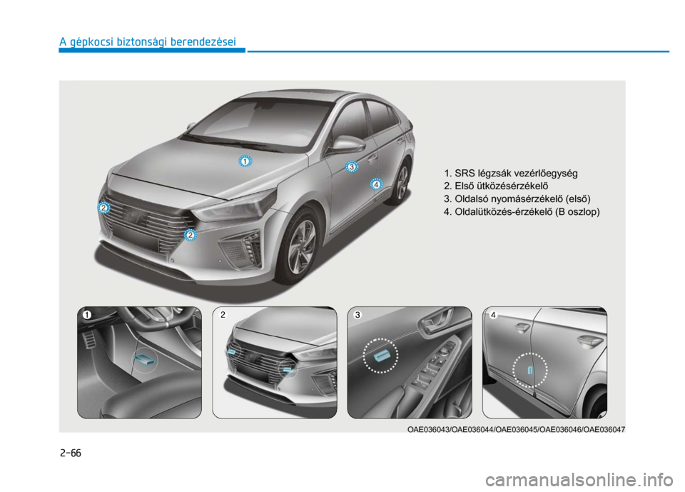 Hyundai Ioniq Hybrid 2017  Kezelési útmutató (in Hungarian) 
2-66 A gépkocsi biztonsági berendezései
 
 
  
 
 
  
 
 
 
 
 
 
1. SRS légzsák vezérl őegység 
2. Els ő ütközésérzékel ő 
3. Oldalsó nyomásérzékel ő (els ő) 
4. Oldalütközés