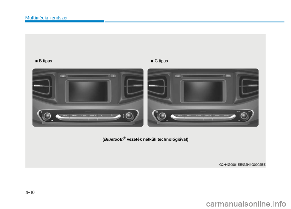 Hyundai Ioniq Hybrid 2017 Kezelési útmutató (in Hungarian)
4-10 Multimédia rendszer
(Bluetooth
® vezeték nélküli technológiával)
■
B típus ■ C típus
G2H4G0001EE/G2H4G0002EE Hyundai Ioniq Hybrid 2017 Kezelési útmutató (in Hungarian)
4-10 Multimédia rendszer
(Bluetooth
® vezeték nélküli technológiával)
■
B típus ■ C típus
G2H4G0001EE/G2H4G0002EE