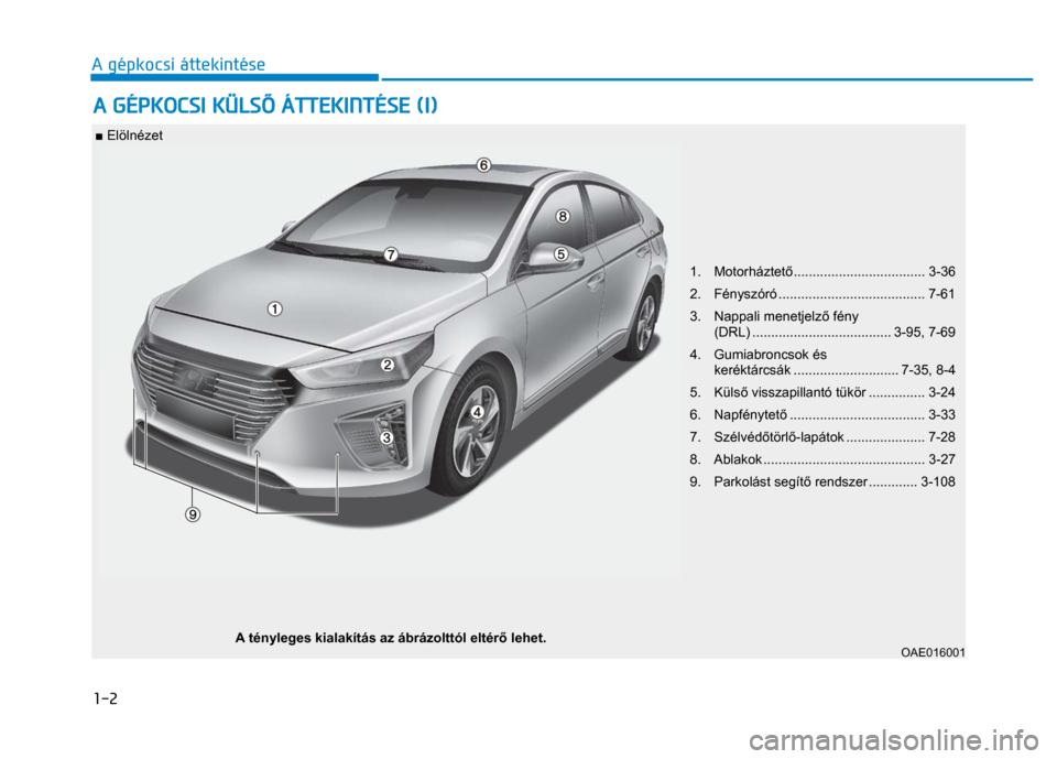 Hyundai Ioniq Hybrid 2017 Kezelési útmutató (in Hungarian)
1-2 A gépkocsi áttekintése
■ Elölnézet
1. Motorháztet ő................................... 3-36
2. Fényszóró ....................................... 7-61
3. Nappa Hyundai Ioniq Hybrid 2017 Kezelési útmutató (in Hungarian)
1-2 A gépkocsi áttekintése
■ Elölnézet
1. Motorháztet ő................................... 3-36
2. Fényszóró ....................................... 7-61
3. Nappa
