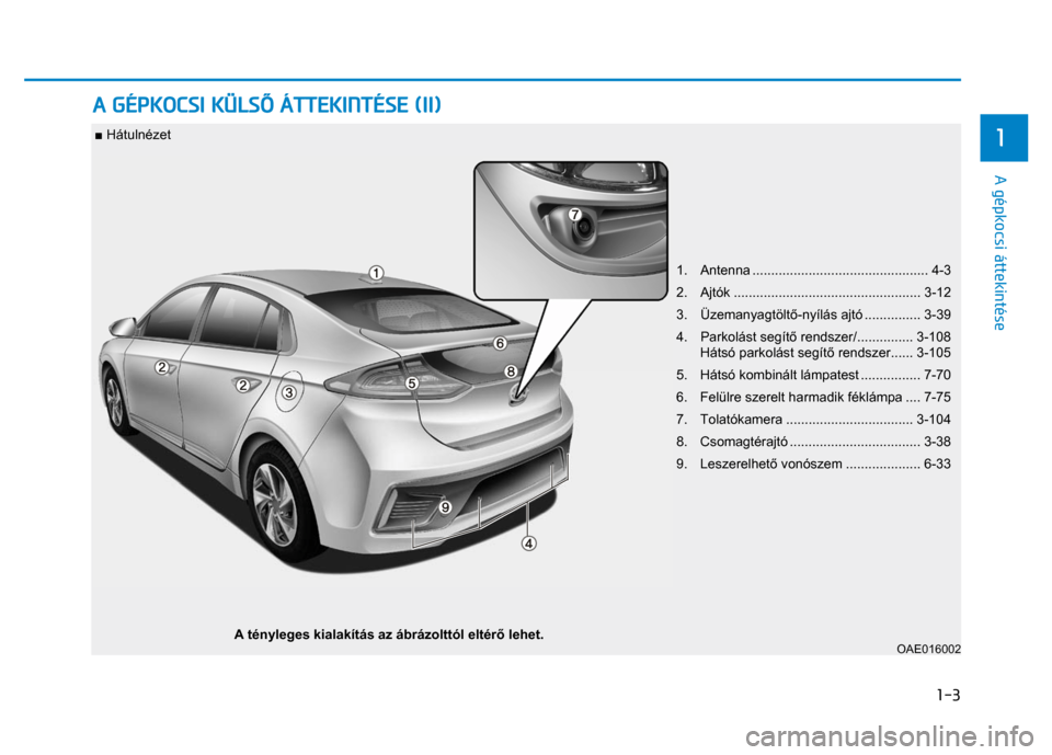 Hyundai Ioniq Hybrid 2017 Kezelési útmutató (in Hungarian)
1-3
1
A gépkocsi áttekintése
■ Hátulnézet
1. Antenna ............................................... 4-3
2. Ajtók .................................................. 3 Hyundai Ioniq Hybrid 2017 Kezelési útmutató (in Hungarian)
1-3
1
A gépkocsi áttekintése
■ Hátulnézet
1. Antenna ............................................... 4-3
2. Ajtók .................................................. 3
