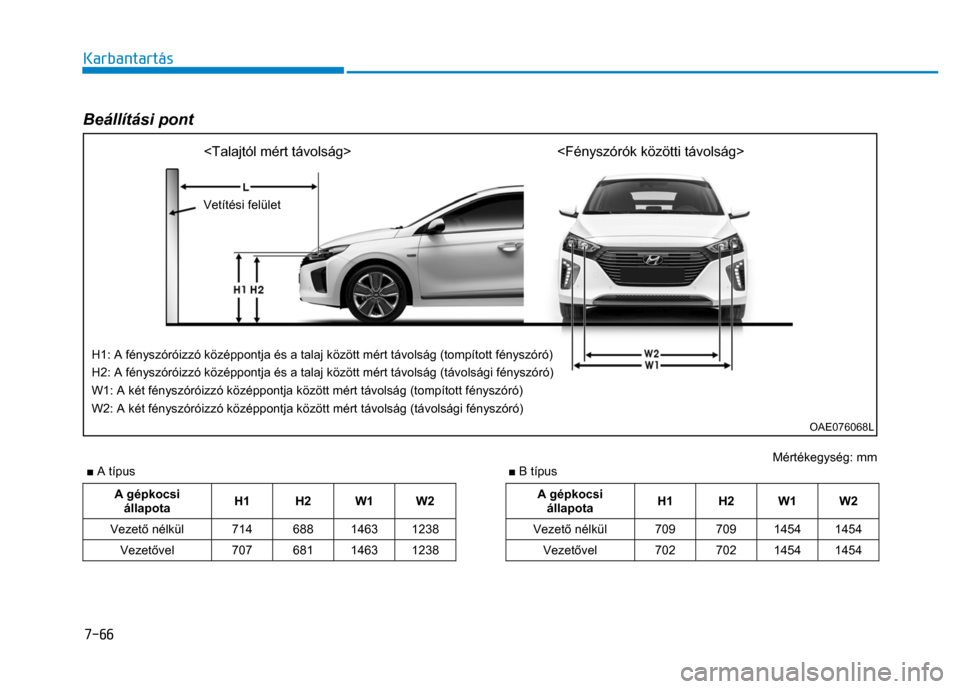 Hyundai Ioniq Hybrid 2017  Kezelési útmutató (in Hungarian) 
7-66 Karbantartás
 
 
 Beállítási pont 
 
 
 
  
Mértékegység: mm 
  ■  A típus  ■ B típus 
 
A gépkocsi 
állapota  H1 H2 W1 W2    A gépkocsi 
állapota  H1 H2 W1 W2 Vezet
ő nélkül