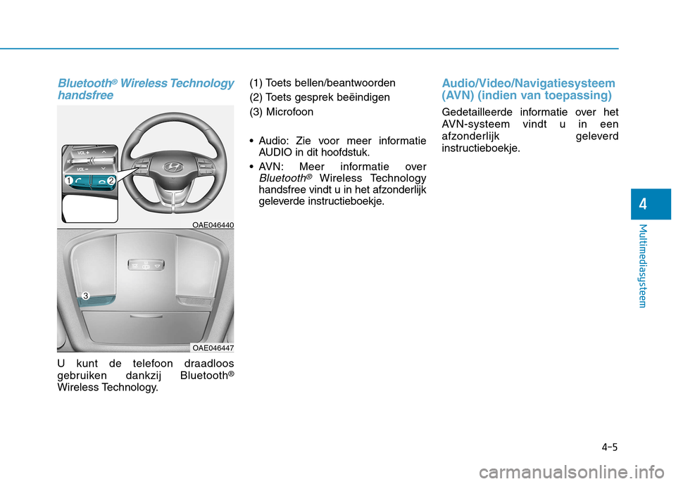 Hyundai Ioniq Hybrid 2017 Handleiding (in Dutch) Bluetooth®Wireless Technology
handsfree
U kunt de telefoon draadloos
gebruiken dankzij Bluetooth ®
Wireless Technology. (1) Toets bellen/beantwoorden
(2) Toets gesprek beëindigen
(3) Microfoon
Hyundai Ioniq Hybrid 2017 Handleiding (in Dutch) Bluetooth®Wireless Technology
handsfree
U kunt de telefoon draadloos
gebruiken dankzij Bluetooth ®
Wireless Technology. (1) Toets bellen/beantwoorden
(2) Toets gesprek beëindigen
(3) Microfoon