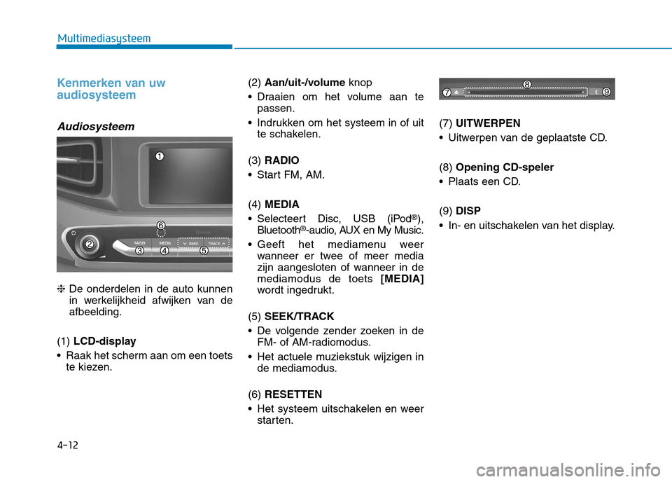 Hyundai Ioniq Hybrid 2017 Handleiding (in Dutch) 4-12
Multimediasysteem
Kenmerken van uw audiosysteem
Audiosysteem
❈De onderdelen in de auto kunnen
in werkelijkheid afwijken van de afbeelding.
(1) LCD-display
Raak het scherm aan om een toets te Hyundai Ioniq Hybrid 2017 Handleiding (in Dutch) 4-12
Multimediasysteem
Kenmerken van uw audiosysteem
Audiosysteem
❈De onderdelen in de auto kunnen
in werkelijkheid afwijken van de afbeelding.
(1) LCD-display
Raak het scherm aan om een toets te