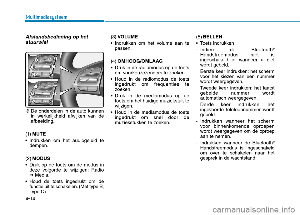 Hyundai Ioniq Hybrid 2017 Handleiding (in Dutch) 4-14
Multimediasysteem
Afstandsbediening op hetstuurwiel
❈ De onderdelen in de auto kunnen
in werkelijkheid afwijken van de afbeelding.
(1) MUTE
Indrukken om het audiogeluid te dempen.
(2) MODUS
D Hyundai Ioniq Hybrid 2017 Handleiding (in Dutch) 4-14
Multimediasysteem
Afstandsbediening op hetstuurwiel
❈ De onderdelen in de auto kunnen
in werkelijkheid afwijken van de afbeelding.
(1) MUTE
Indrukken om het audiogeluid te dempen.
(2) MODUS
D