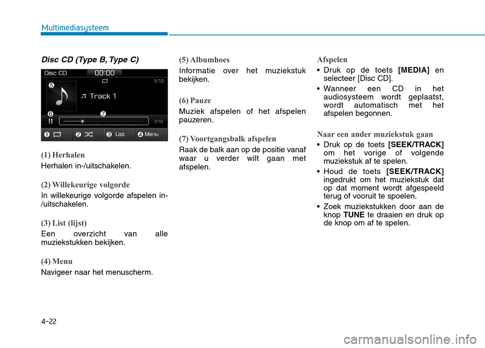 Hyundai Ioniq Hybrid 2017 Handleiding (in Dutch) 4-22
Multimediasysteem
Disc CD (Type B, Type C)
(1) Herhalen
Herhalen in-/uitschakelen.
(2) Willekeurige volgorde
In willekeurige volgorde afspelen in-
/uitschakelen.
(3) List (lijst)
Een overzicht v Hyundai Ioniq Hybrid 2017 Handleiding (in Dutch) 4-22
Multimediasysteem
Disc CD (Type B, Type C)
(1) Herhalen
Herhalen in-/uitschakelen.
(2) Willekeurige volgorde
In willekeurige volgorde afspelen in-
/uitschakelen.
(3) List (lijst)
Een overzicht v