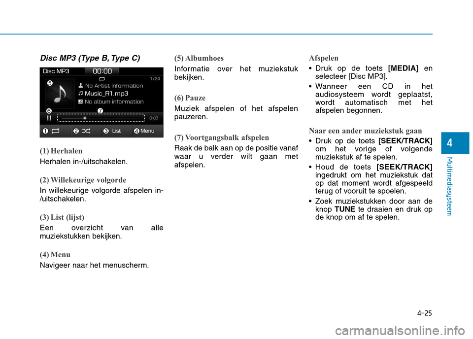 Hyundai Ioniq Hybrid 2017 Handleiding (in Dutch) 4-25
Multimediasysteem
4
Disc MP3 (Type B, Type C)
(1) Herhalen
Herhalen in-/uitschakelen.
(2) Willekeurige volgorde
In willekeurige volgorde afspelen in-
/uitschakelen.
(3) List (lijst)
Een overzich Hyundai Ioniq Hybrid 2017 Handleiding (in Dutch) 4-25
Multimediasysteem
4
Disc MP3 (Type B, Type C)
(1) Herhalen
Herhalen in-/uitschakelen.
(2) Willekeurige volgorde
In willekeurige volgorde afspelen in-
/uitschakelen.
(3) List (lijst)
Een overzich