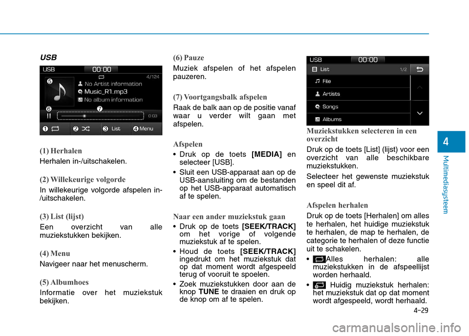 Hyundai Ioniq Hybrid 2017 Handleiding (in Dutch) 4-29
Multimediasysteem
4
USB
(1) Herhalen
Herhalen in-/uitschakelen.
(2) Willekeurige volgorde
In willekeurige volgorde afspelen in-
/uitschakelen.
(3) List (lijst)
Een overzicht van alle
muziekstuk Hyundai Ioniq Hybrid 2017 Handleiding (in Dutch) 4-29
Multimediasysteem
4
USB
(1) Herhalen
Herhalen in-/uitschakelen.
(2) Willekeurige volgorde
In willekeurige volgorde afspelen in-
/uitschakelen.
(3) List (lijst)
Een overzicht van alle
muziekstuk