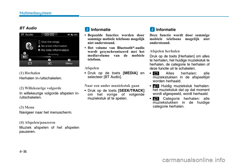 Hyundai Ioniq Hybrid 2017  Handleiding (in Dutch) 4-36
Multimediasysteem
BT Audio
(1) Herhalen
Herhalen in-/uitschakelen.
(2) Willekeurige volgorde
In willekeurige volgorde afspelen in- 
/uitschakelen.
(3) Menu
Navigeer naar het menuscherm.
(4) Afspe