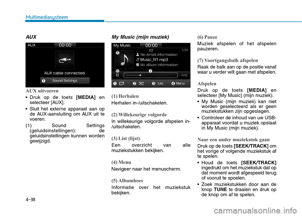 Hyundai Ioniq Hybrid 2017  Handleiding (in Dutch) 4-38
Multimediasysteem
AUX
AUX uitvoeren
 Druk op de toets [MEDIA]en
selecteer [AUX].
 Sluit het externe apparaat aan op de AUX-aansluiting om AUX uit te 
voeren.
(1) Sound Settings (geluidsinstelling