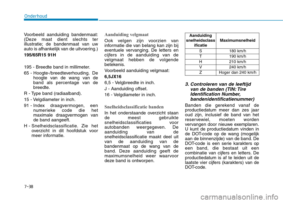 Hyundai Ioniq Hybrid 2017 Handleiding (in Dutch) 7-38
Onderhoud
Voorbeeld aanduiding bandenmaat:
(Deze maat dient slechts ter
illustratie; de bandenmaat van uw
auto is afhankelijk van de uitvoering.) 195/65R15 91H
195 - Breedte band in millimeter. Hyundai Ioniq Hybrid 2017 Handleiding (in Dutch) 7-38
Onderhoud
Voorbeeld aanduiding bandenmaat:
(Deze maat dient slechts ter
illustratie; de bandenmaat van uw
auto is afhankelijk van de uitvoering.) 195/65R15 91H
195 - Breedte band in millimeter.
