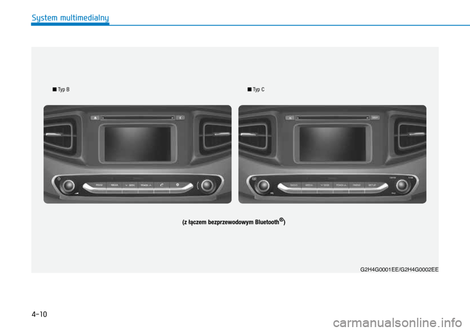 Hyundai Ioniq Hybrid 2017 Instrukcja Obsługi (in Polish) 4-10
G2H4G0001EE/G2H4G0002EE
n Typ B
(z łączem bezprzewodowym Bluetooth®)
n Typ C
System multimedialny Hyundai Ioniq Hybrid 2017 Instrukcja Obsługi (in Polish) 4-10
G2H4G0001EE/G2H4G0002EE
n Typ B
(z łączem bezprzewodowym Bluetooth®)
n Typ C
System multimedialny
