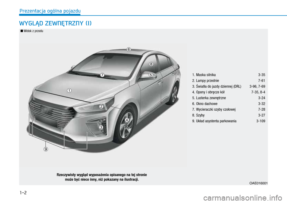 Hyundai Ioniq Hybrid 2017 Instrukcja Obsługi (in Polish) 1-2
WYGLĄD ZEWNĘTRZNY (I)
1. Maska silnika 3-35
2. Lampy przednie 7-61
3. Światła do jazdy dziennej (DRL) 3-96, 7-69
4. Opony i obręcze kół 7-35, 8-4
5. Lusterka zewnętrzne Hyundai Ioniq Hybrid 2017 Instrukcja Obsługi (in Polish) 1-2
WYGLĄD ZEWNĘTRZNY (I)
1. Maska silnika 3-35
2. Lampy przednie 7-61
3. Światła do jazdy dziennej (DRL) 3-96, 7-69
4. Opony i obręcze kół 7-35, 8-4
5. Lusterka zewnętrzne