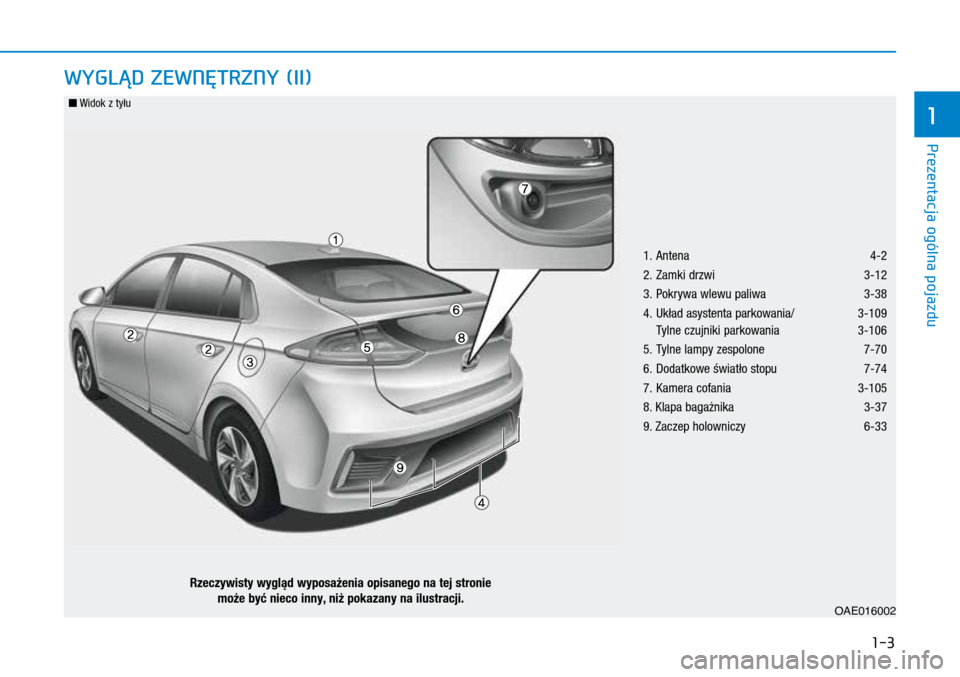 Hyundai Ioniq Hybrid 2017 Instrukcja Obsługi (in Polish) 1-3
WYGLĄD ZEWNĘTRZNY (II)
1. Antena 4-2
2. Zamki drzwi 3-12
3. Pokrywa wlewu paliwa 3-38
4. Układ asystenta parkowania/ 3-109
Tylne czujniki parkowania 3-106
5. Tylne lampy z Hyundai Ioniq Hybrid 2017 Instrukcja Obsługi (in Polish) 1-3
WYGLĄD ZEWNĘTRZNY (II)
1. Antena 4-2
2. Zamki drzwi 3-12
3. Pokrywa wlewu paliwa 3-38
4. Układ asystenta parkowania/ 3-109
Tylne czujniki parkowania 3-106
5. Tylne lampy z