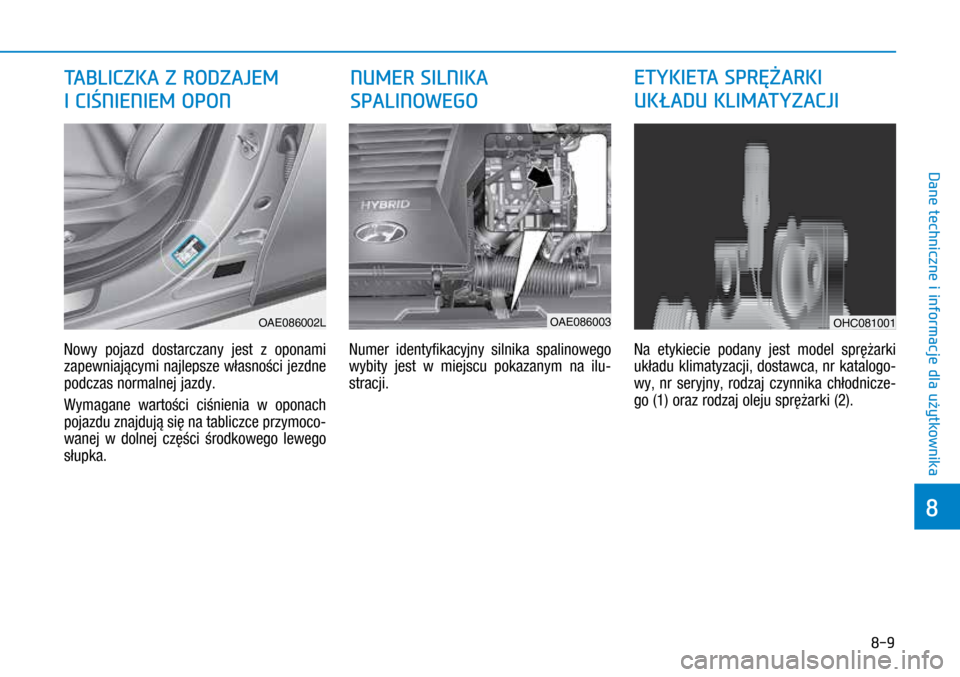 Hyundai Ioniq Hybrid 2017 Instrukcja Obsługi (in Polish) 8-9
Nowy pojazd dostarczany jest z oponami
zapewniającymi najlepsze własności jezdne
podczas normalnej jazdy.
Wymagane wartości ciśnienia w oponach
pojazdu znajdują się na tabliczce przymo Hyundai Ioniq Hybrid 2017 Instrukcja Obsługi (in Polish) 8-9
Nowy pojazd dostarczany jest z oponami
zapewniającymi najlepsze własności jezdne
podczas normalnej jazdy.
Wymagane wartości ciśnienia w oponach
pojazdu znajdują się na tabliczce przymo