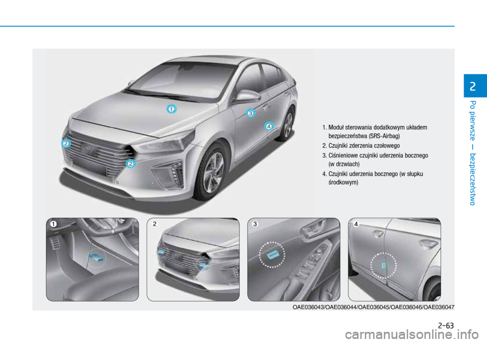 Hyundai Ioniq Hybrid 2017  Instrukcja Obsługi (in Polish) 2-63
1.  Moduł sterowania dodatkowym układem 
bezpieczeństwa (SRS-Airbag)
2. Czujniki zderzenia czołowego
3. 
 
Ciśnienio
 we czujniki uderzenia bocznego 
(w drzwiach)
4. 
 
Czujniki uderzenia b