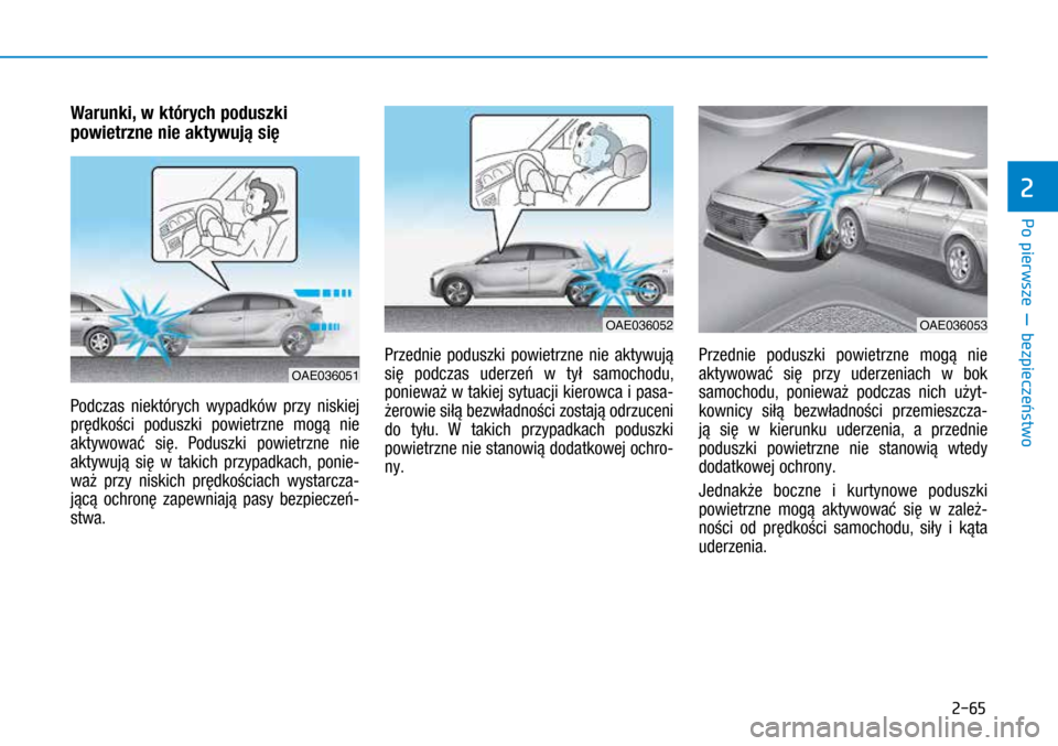 Hyundai Ioniq Hybrid 2017  Instrukcja Obsługi (in Polish) 2-65
Warunki, w których poduszki 
powietrzne nie aktywują się 
Podczas niektórych wypadków przy niskiej 
prędkości poduszki powietrzne mogą nie 
aktywować się. Poduszki powietrzne nie 
akty
