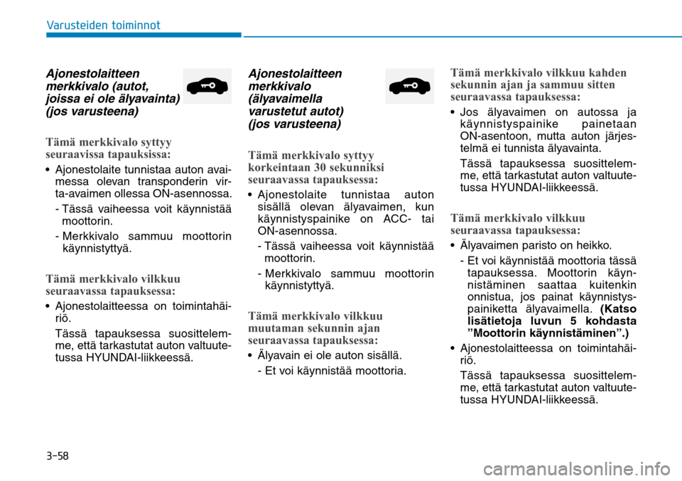 Hyundai Ioniq Hybrid 2017  Omistajan Käsikirja (in Finnish) �����7�B�S�V�T�U�F�J�E�F�O��U�P�J�N�J�O�O�P�UAjonestolaitteen 
merkkivalo (autot, 
joissa ei ole älyavainta) 
(jos varusteena)Tämä merkkivalo syttyy 
seuraavissa tapauksissa: Ajonestolaite tun