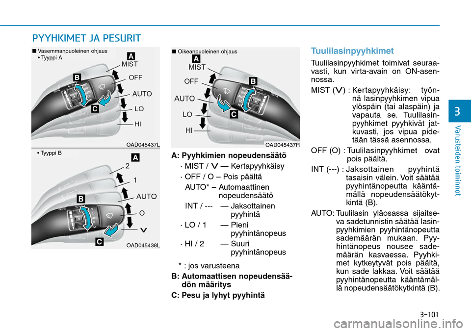 Hyundai Ioniq Hybrid 2017  Omistajan Käsikirja (in Finnish) �����
�7�B�S�V�T�U�F�J�E�F�O��U�P�J�N�J�O�O�P�U
      
�
A: Pyyhkimien nopeudensäätö
  · MIST / 
V
 —  Kertapyyhkäisy
  · OFF / O – Pois päältä
    AUTO* –  Automaattinen 
nopeud