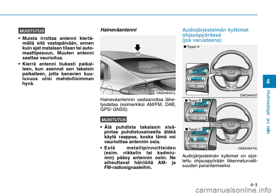 Hyundai Ioniq Hybrid 2017  Omistajan Käsikirja (in Finnish) ���
�.�V�M�U�J�N�F�E�J�B�KGÒ�S�K�F�T�U�F�M�NGÒ�
MUISTUTUS
mällä sitä vastapäivään, ennen 
kuin ajat matalaan tilaan tai auto-
maattipesuun. Muuten antenni 
saattaa vaurioitua.

leen, kun a