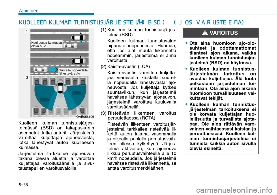 Hyundai Ioniq Hybrid 2017  Omistajan Käsikirja (in Finnish) �����"�K�B�N�J�O�F�OKuolleen kulman tunnistusjärjes-
telmässä (BSD) on takapuskuriin 
asennetut tutka-anturit. Järjestelmä 
varoittaa kuljettajaa ajoneuvoista, 
jotka lähestyvät autoa kuoll