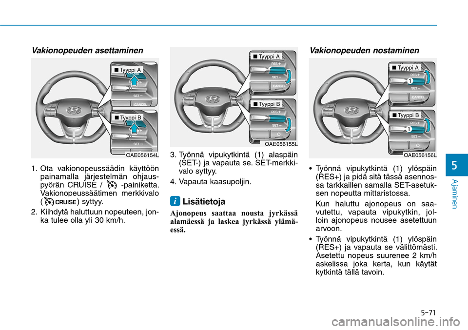 Hyundai Ioniq Hybrid 2017  Omistajan Käsikirja (in Finnish) ����
�"�K�B�N�J�O�F�O�
Vakionopeuden asettaminen 1.    Ota vakionopeussäädin käyttöön 
painamalla järjestelmän ohjaus-
pyörän CRUISE / 
 -painiketta. 
Vakionopeussäätimen merkkivalo  
