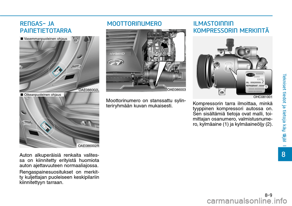 Hyundai Ioniq Hybrid 2017  Omistajan Käsikirja (in Finnish) ���
��5�F�L�O�J�T�F�U��U�J�F�E�P�U��K�B��U�J�F�U�P�K�B��LGÒ�Z�U�UGÒ�KGÒ�M�M�F
Auton alkuperäisiä renkaita valites-
sa on kiinnitetty erityistä huomiota 
auton ajettavuuteen normaaliajoss