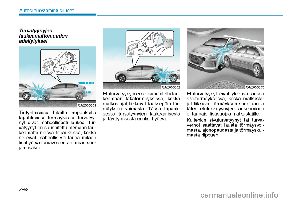 Hyundai Ioniq Hybrid 2017  Omistajan Käsikirja (in Finnish) �����"�V�U�P�T�J��U�V�S�W�B�P�N�J�O�B�J�T�V�V�E�F�UTurvatyynyjen 
laukeamattomuuden 
edellytykset Tietynlaisissa hitailla nopeuksilla 
tapahtuvissa törmäyksissä turvatyy-
nyt eivät mahdollise