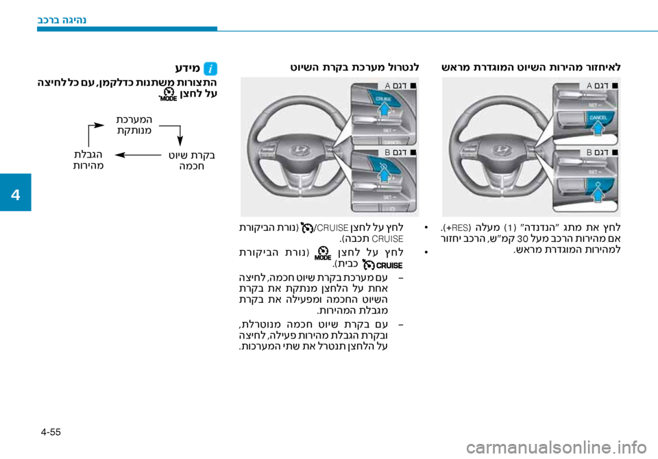Hyundai Ioniq Hybrid 2017  הוראות תפעול לנהג 4-55
שארמ תרד\bומה טוישה תור\זיהמ רוזחיאל
■
 
A םגד
■
 
B םגד
 .)+RES(  הל\fמ  )1(  “הדנדנה“  גתמ  תא  ץחל
 רוזחי בכרה ,ש“מק 3