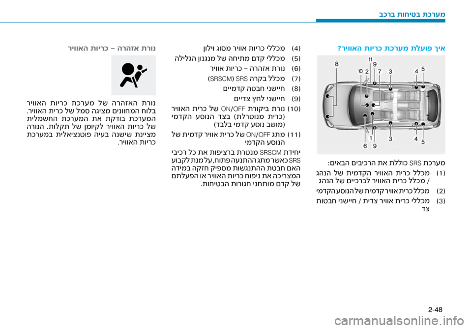 Hyundai Ioniq Hybrid 2017  הוראות תפעול לנהג 2-48
?ריוואה תויר\f ת\fרעמ תל\זעופ ךיא
:םיאבה םיביכרה תא תלל\זוכ SRS תכר\fמ(
1
 )
 גהנה  לש  תימדקה  ריוואה  תירכ  ללכמ
גהנ