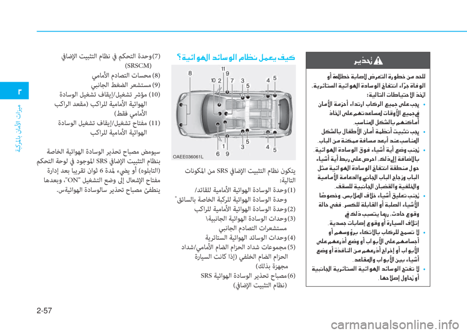 Hyundai Ioniq Hybrid 2017  دليل المالك 2-57
ﺔﺒﻛﺮﳌﺎﺑ نﺎﻣﻷا تاﺰﻴﻣ
�0
��=�Ï�Ë�Ó�?�É��?��d�Ó�@�k�É�¸�?��¿�@�¡�À��º�½�¥�Ê��®�Ë�´
 تﺎﻧﻮﻜﳌا ﻦﻣ SRS ﰲﺎﺿﻹا ﺖﻴﺒﺜﺘ