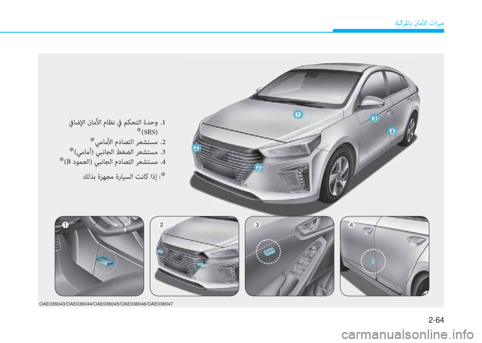 Hyundai Ioniq Hybrid 2017  دليل المالك 2-64
ﺔﺒﻛﺮﳌﺎﺑ نﺎﻣﻷا تاﺰﻴﻣ
OAE036043/OAE036044/OAE036045/OAE036046/OAE036047
 ﰲﺎﺿﻹا نﺎﻣﻷا مﺎﻈﻧ ﰲ ﻢﻜﺤﺘﻟا ةﺪﺣو  .1
* (SRS)
*ﻲﻣ