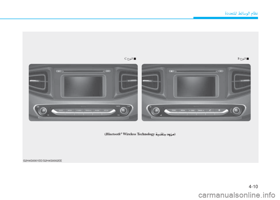Hyundai Ioniq Hybrid 2017  دليل المالك 4-10
ةدﺪﻌﺘﳌا ﻂﺋﺎﺳﻮﻟا مﺎﻈﻧ
C عﻮﻨﻟا �QB عﻮﻨﻟا �Q
G2H4G0001EE/G2H4G0002EE
(Bluetooth®�نWireless Technology�ن�x�P�ئي�بم�ﻢ�ﺬ�ن�ﻞ�i�ﰲ�ﴪ) 